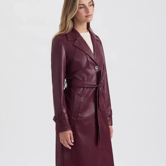 Ellen Tracy Women Single Breasted Faux Leather Trench Coat Size Small Wine Color - Picture 3 of 4